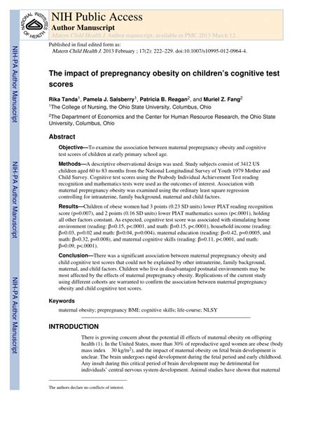 the impact of prepregnancy obesity on children's cognitive test scores|(PDF) The Impact of Prepregnancy Obesity on Children’s.